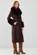 Penelope Women's Burgundy Fur Leather Coat | Derimod Penelope Women's Burgundy Fur Leather Coat | Derimod