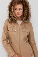 Monica Women's Beige Hooded Leather Coat with Fur Collar | Derimod Monica Women's Beige Hooded Leather Coat with Fur Collar | Derimod