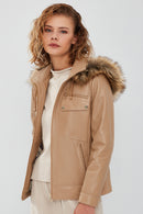 Monica Women's Beige Hooded Leather Coat with Fur Collar | Derimod Monica Women's Beige Hooded Leather Coat with Fur Collar | Derimod