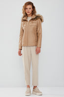 Monica Women's Beige Hooded Leather Coat with Fur Collar | Derimod Monica Women's Beige Hooded Leather Coat with Fur Collar | Derimod