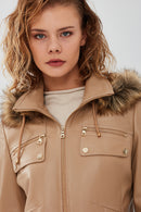 Monica Women's Beige Hooded Leather Coat with Fur Collar | Derimod Monica Women's Beige Hooded Leather Coat with Fur Collar | Derimod