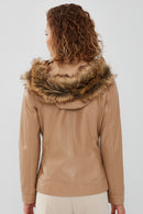 Monica Women's Beige Hooded Leather Coat with Fur Collar | Derimod Monica Women's Beige Hooded Leather Coat with Fur Collar | Derimod