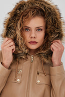 Monica Women's Beige Hooded Leather Coat with Fur Collar | Derimod Monica Women's Beige Hooded Leather Coat with Fur Collar | Derimod