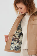 Monica Women's Beige Hooded Leather Coat with Fur Collar | Derimod Monica Women's Beige Hooded Leather Coat with Fur Collar | Derimod
