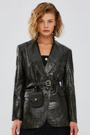 Karla Women's Green Printed Leather Blazer Jacket | Derimod Karla Women's Green Printed Leather Blazer Jacket | Derimod