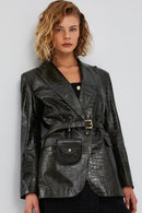 Karla Women's Green Printed Leather Blazer Jacket | Derimod Karla Women's Green Printed Leather Blazer Jacket | Derimod