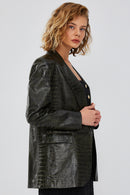 Karla Women's Green Printed Leather Blazer Jacket | Derimod Karla Women's Green Printed Leather Blazer Jacket | Derimod
