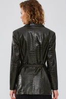 Karla Women's Green Printed Leather Blazer Jacket | Derimod Karla Women's Green Printed Leather Blazer Jacket | Derimod