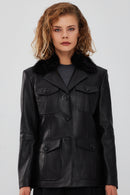 Anais Women's Black Fur Collar Blazer Leather Jacket | Derimod Anais Women's Black Fur Collar Blazer Leather Jacket | Derimod