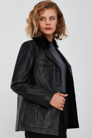 Anais Women's Black Fur Collar Blazer Leather Jacket | Derimod Anais Women's Black Fur Collar Blazer Leather Jacket | Derimod