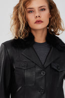 Anais Women's Black Fur Collar Blazer Leather Jacket | Derimod Anais Women's Black Fur Collar Blazer Leather Jacket | Derimod