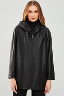 Anya Women's Black Hooded Leather Coat | Derimod Anya Women's Black Hooded Leather Coat | Derimod
