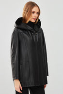 Anya Women's Black Hooded Leather Coat | Derimod Anya Women's Black Hooded Leather Coat | Derimod