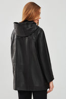 Anya Women's Black Hooded Leather Coat | Derimod Anya Women's Black Hooded Leather Coat | Derimod