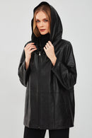Anya Women's Black Hooded Leather Coat | Derimod Anya Women's Black Hooded Leather Coat | Derimod