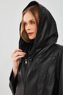 Anya Women's Black Hooded Leather Coat | Derimod Anya Women's Black Hooded Leather Coat | Derimod