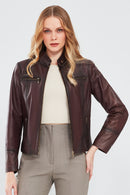 Alicia Women's Burgundy Short Leather Jacket | Derimod Alicia Women's Burgundy Short Leather Jacket | Derimod