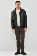 Lorenzo Men's Black Puffer Leather Jacket | Derimod Lorenzo Men's Black Puffer Leather Jacket | Derimod