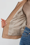 Fiesta Women's Beige Short Leather Jacket | Derimod Fiesta Women's Beige Short Leather Jacket | Derimod