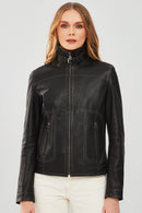 Fiesta Women's Black Short Leather Jacket | Derimod Fiesta Women's Black Short Leather Jacket | Derimod