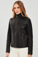 Fiesta Women's Black Short Leather Jacket | Derimod Fiesta Women's Black Short Leather Jacket | Derimod