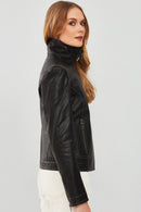Fiesta Women's Black Short Leather Jacket | Derimod Fiesta Women's Black Short Leather Jacket | Derimod