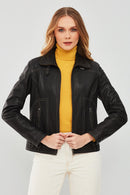 Fiesta Women's Black Short Leather Jacket | Derimod Fiesta Women's Black Short Leather Jacket | Derimod