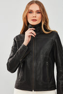 Fiesta Women's Black Short Leather Jacket | Derimod Fiesta Women's Black Short Leather Jacket | Derimod