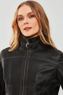 Fiesta Women's Black Short Leather Jacket | Derimod Fiesta Women's Black Short Leather Jacket | Derimod