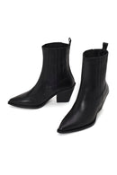 Woman Black Chunky-Heel Leather Cowboy Boots | Derimod Woman Black Chunky-Heel Leather Cowboy Boots | Derimod