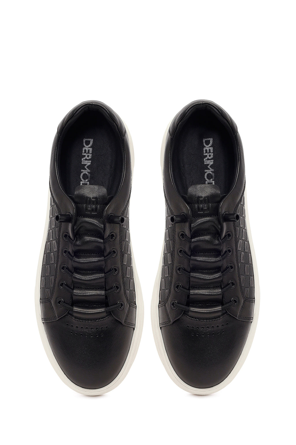Erkek Siyah Bağcıklı Desenli Deri Sneaker