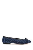 Women's Blue Monogrammed Leather Ballerina Shoes | Derimod Women's Blue Monogrammed Leather Ballerina Shoes | Derimod