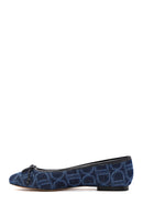Women's Blue Monogrammed Leather Ballerina Shoes | Derimod Women's Blue Monogrammed Leather Ballerina Shoes | Derimod
