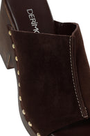 Women's Brown Thick Heeled Suede Leather Slippers | Derimod Women's Brown Thick Heeled Suede Leather Slippers | Derimod