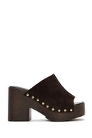 Women's Brown Thick Heeled Suede Leather Slippers | Derimod Women's Brown Thick Heeled Suede Leather Slippers | Derimod