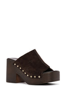 Women's Brown Thick Heeled Suede Leather Slippers | Derimod Women's Brown Thick Heeled Suede Leather Slippers | Derimod