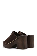 Women's Brown Thick Heeled Suede Leather Slippers | Derimod Women's Brown Thick Heeled Suede Leather Slippers | Derimod