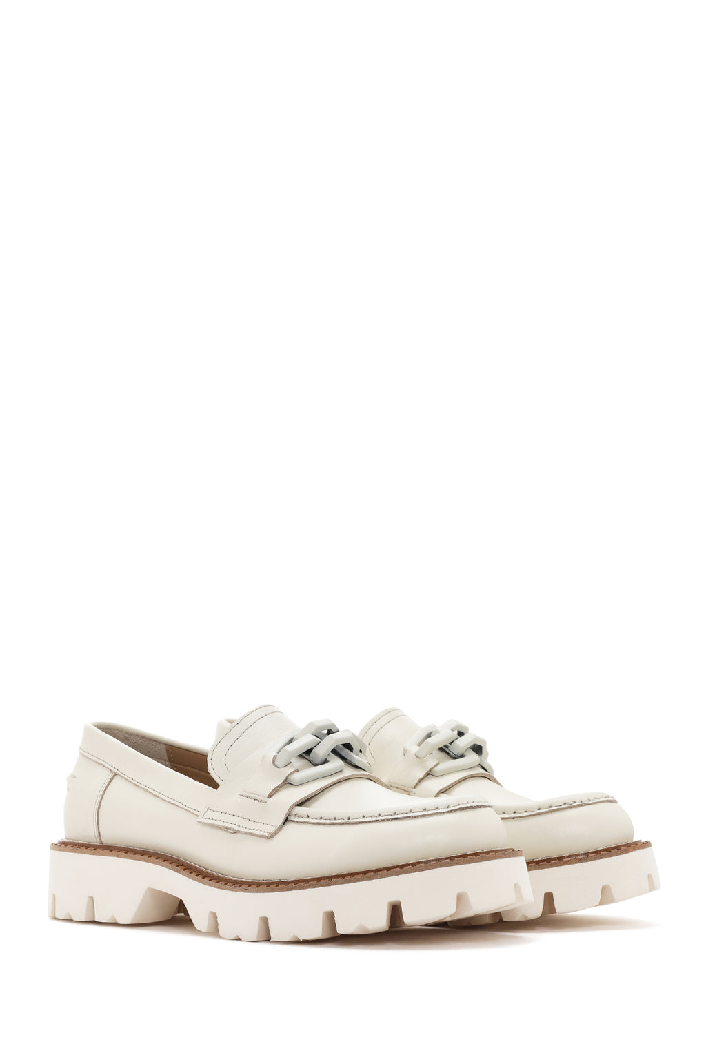 Kadın Krem Deri Maskülen Loafer