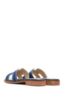 Women's Blue Patterned Leather Slippers | Derimod Women's Blue Patterned Leather Slippers | Derimod