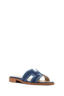 Women's Blue Patterned Leather Slippers | Derimod Women's Blue Patterned Leather Slippers | Derimod