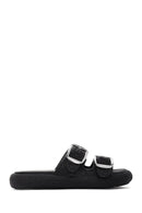 Women's Black Double Buckle Straw Leather Slippers | Derimod Women's Black Double Buckle Straw Leather Slippers | Derimod