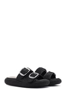 Women's Black Double Buckle Straw Leather Slippers | Derimod Women's Black Double Buckle Straw Leather Slippers | Derimod