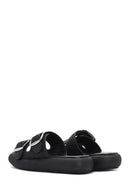 Women's Black Double Buckle Straw Leather Slippers | Derimod Women's Black Double Buckle Straw Leather Slippers | Derimod