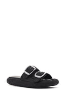Women's Black Double Buckle Straw Leather Slippers | Derimod Women's Black Double Buckle Straw Leather Slippers | Derimod