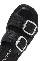 Women's Black Double Buckle Straw Leather Slippers | Derimod Women's Black Double Buckle Straw Leather Slippers | Derimod