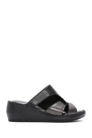 Women's Black Wedge Heeled Leather Comfort Slippers | Derimod Women's Black Wedge Heeled Leather Comfort Slippers | Derimod