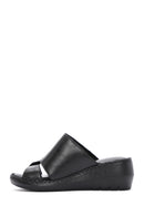 Women's Black Wedge Heeled Leather Comfort Slippers | Derimod Women's Black Wedge Heeled Leather Comfort Slippers | Derimod