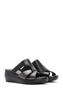 Women's Black Wedge Heeled Leather Comfort Slippers | Derimod Women's Black Wedge Heeled Leather Comfort Slippers | Derimod