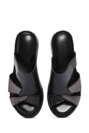 Women's Black Wedge Heeled Leather Comfort Slippers | Derimod Women's Black Wedge Heeled Leather Comfort Slippers | Derimod