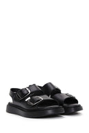 Women's Black Ankle Strap Double Buckle Leather Comfort Sandals | Derimod Women's Black Ankle Strap Double Buckle Leather Comfort Sandals | Derimod